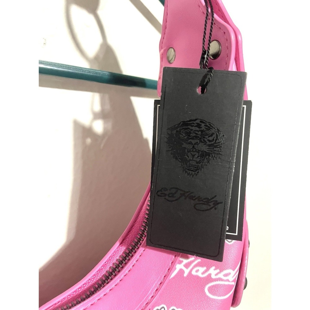 Ed Hardy Pink Hobo Shoulder Bag Studded Heart Rose Skull Cross Charms NEW - Picture 7 of 8